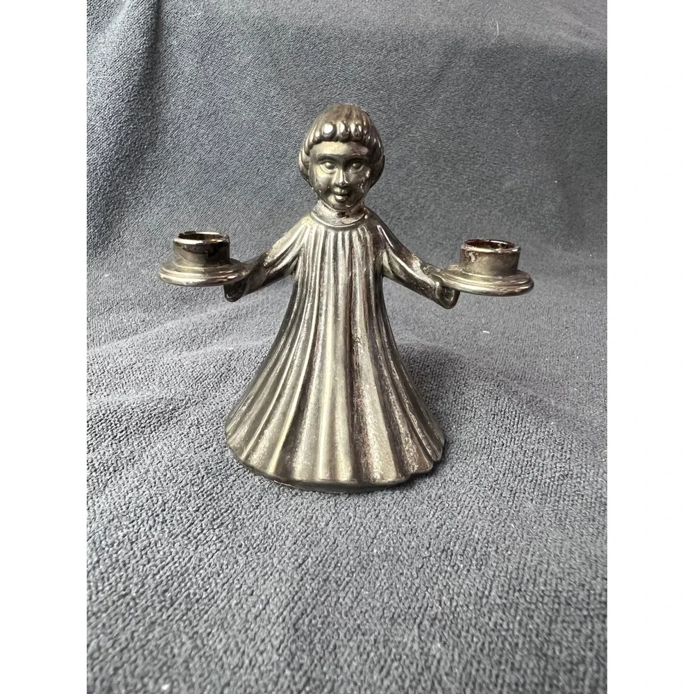 Vintage Choir‎ Girl Candle Holder Made in Italy Smiling Silver Tone Metal 3.5x3